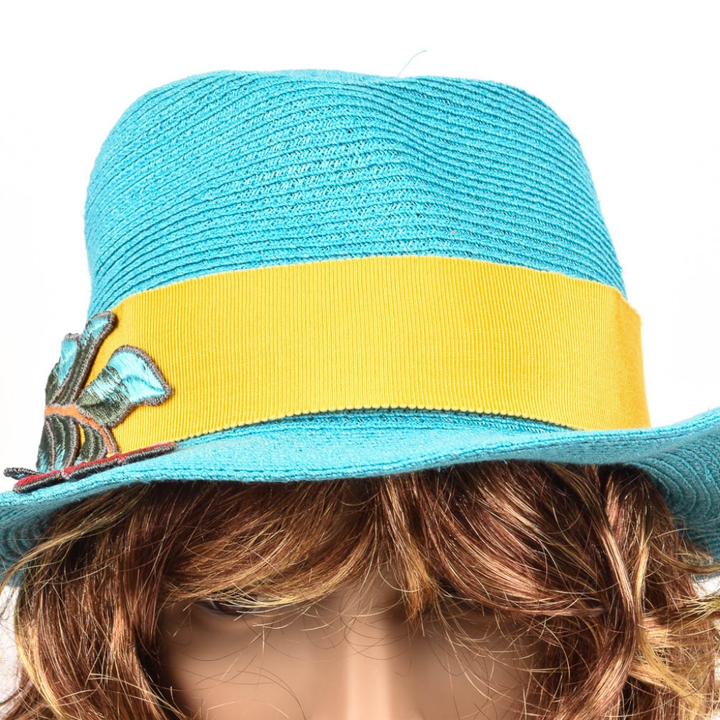 Inverni Firenze Fedora Blue Hemp Straw Floral